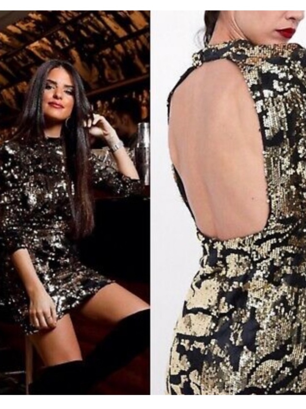 Zara Basic Gold Sequined Black Velvet Mini Dress Open Back